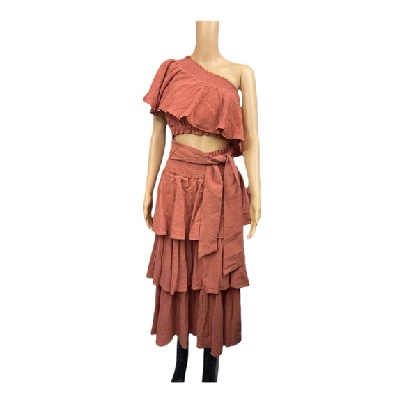 Free People Go For Drama Set One Shoulder Ruffle Tiered Cotton Womens Small New - Picture 4 of 6
